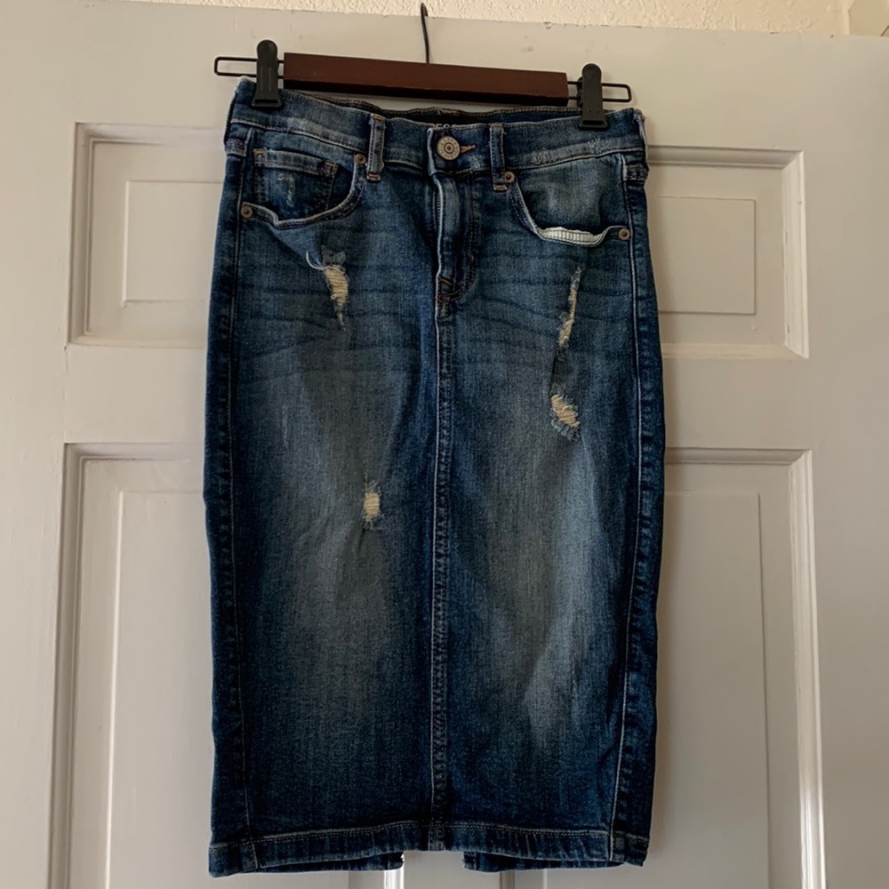 Distressed denim skirt